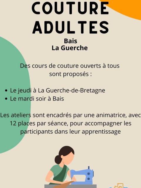 🧵 ATELIERS COUTURE ADULTES 🧵

Envie d’apprendre à coudre ou de perfectionner vos créations dans une ambiance conviviale ? ✂️

L’association Pêle-Mêle Sports & Loisirs propose des ateliers couture pour adultes, ouverts à tous, que vous soyez débutant ou déjà passionné par la couture.

📍 Deux lieux pour participer :
• Mardi soir à Bais
• Jeudi à La Guerche-de-Bretagne

👩‍🏫 Les ateliers sont encadrés par une animatrice afin d’accompagner chacun dans son apprentissage et ses projets.

✨ 12 places par séance pour garantir un accompagnement personnalisé.

C’est l’occasion idéale de :
✔ apprendre les bases de la couture
✔ réaliser vos propres créations
✔ partager un moment convivial et créatif

📩 N’hésitez pas à nous contacter pour plus d’informations ou pour réserver votre place !

#coutureaddict #ateliercouture #pelemelesportsetloisirs #Bais #laguerchedebretagne