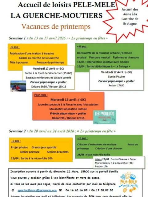 VACANCES DE PRINTEMPS 2026

Les inscriptions ouvrent très bientôt !

👉 Rendez-vous le 22 mars 2026 pour inscrire vos enfants aux activités proposées pendant les vacances de printemps !

🗓️ Accueils ouverts du 13 au 24 avril 2026
👧🧒 Pour les enfants et les ados
🎯 Activités variées, fun et adaptées à chaque âge

📍 Accueils de loisirs à La Guerche, Moutiers et Bais
🔥 Club ados ouvert certains jours en semaine

⚠️ Places limitées → pensez à anticiper !

Plus d’infos et inscriptions ici 👇
https://pelemele.org/2026/03/19/vacances-de-printemps-2026-ouverture-des-inscriptions-le-22-mars-2026/

#vacancesprintemps #Inscriptions #LoisirsEnfants #clubados