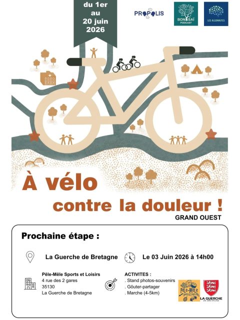 🚴‍♂️✨ À VÉLO CONTRE LA DOULEUR ! ✨🚴‍♀️

Dans le cadre de l’événement “À vélo contre la douleur – Grand Ouest”, une nouvelle étape au sein de l'accueil de loisirs arrive à La Guerche-de-Bretagne 💚

📅 Le Mercredi 03 juin 2026
🕑 À partir de 14h00
📍 Pêle-Mêle Sports et Loisirs
4 rue des 2 gares – 35130 La Guerche-de-Bretagne

Au programme 👇
📸 Stand photos souvenirs
🍰 Goûter partagé
🥾 Marche conviviale de 4 à 5 km

Un moment de partage, de sensibilisation et de convivialité autour du sport, du bien-être et de la solidarité 💫

Venez nombreux soutenir cette belle initiative ! 🚲

#AVeloContreLaDouleur #GrandOuest #LaGuercheDeBretagne #sportsante #solidarite