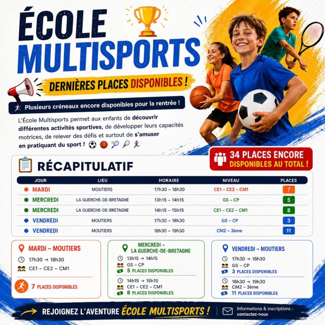 🏃‍♀️⚽🏀 La rentrée approche... et il reste encore quelques places à l'École Multisports !

Votre enfant a envie de découvrir plusieurs sports, de se faire de nouveaux copains, de bouger et de prendre confiance en lui ? L'École Multisports est faite pour lui ! 💪

🎯 Des séances adaptées à chaque âge
🤸 Une multitude d'activités tout au long de l'année
😊 Du sport dans une ambiance conviviale et ludique

⚠️ Certaines séances sont presque complètes, ne tardez pas !

📍 Moutiers & La Guerche-de-Bretagne

📲 Toutes les informations et les inscriptions sur notre site (lien en bio).

#EcoleMultisports #PeleMeleSportsLoisirs #SportEnfant #Rentrée2026 #Multisports #BougerEnSAmusant #Bretagne #LaGuercheDeBretagne #Moutiers
