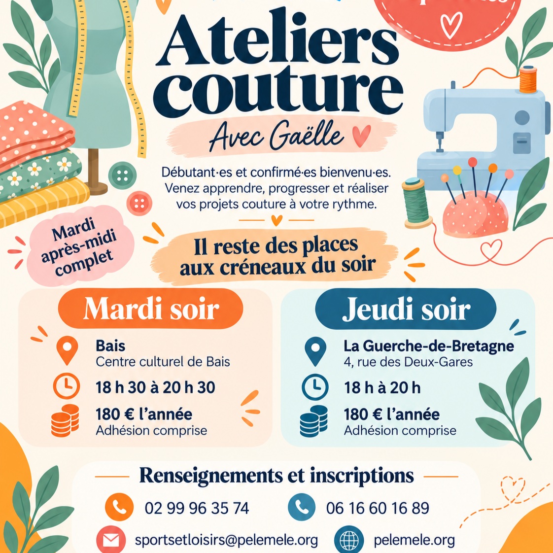Il reste encore quelques places dans les ateliers couture avec Gaëlle 🧵✂️

Vous pouvez nous rejoindre :
📍 le mardi soir à Bais, de 18 h 30 à 20 h 30
📍 le jeudi soir à La Guerche-de-Bretagne, de 18 h à 20 h

Les ateliers sont ouverts aux débutant·es comme aux plus expérimenté·es. Chacun avance à son rythme, sur ses propres projets, dans une ambiance conviviale.

Le mardi après-midi est déjà complet, alors si le créneau du soir vous tente, n’attendez pas trop 😊

Renseignements et inscriptions :
02 99 96 35 74 / 06 16 60 16 89
sportsetloisirs@pelemele.org

#couture #ateliercouture #Bais #LaGuerchedeBretagne #PeleMele