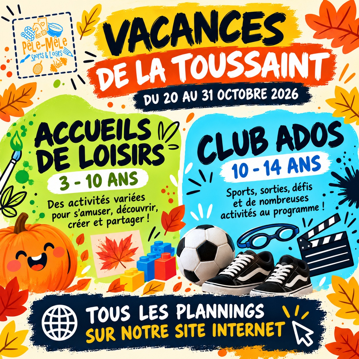Les vacances de la Toussaint approchent !
Les programmes des Accueils de loisirs 3–10 ans et du Club Ados 10–14 ans sont désormais en ligne.
Retrouvez toutes les activités prévues pendant les vacances sur notre site :
https://pelemele.org
Les inscriptions sont ouvertes sur le Portail Famille :
https://pelemele.connecthys.com/
N’attendez pas trop pour réserver les journées qui vous intéressent.
#PeleMele #VacancesToussaint #AccueilDeLoisirs #ClubAdos #Bais #LaGuercheDeBretagne #Moutiers #Vacances2026